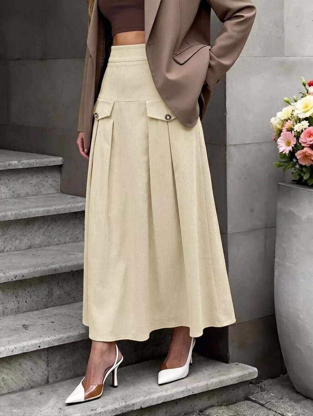 High Waist Pleated Midi Skirt - Picture 4 of 13